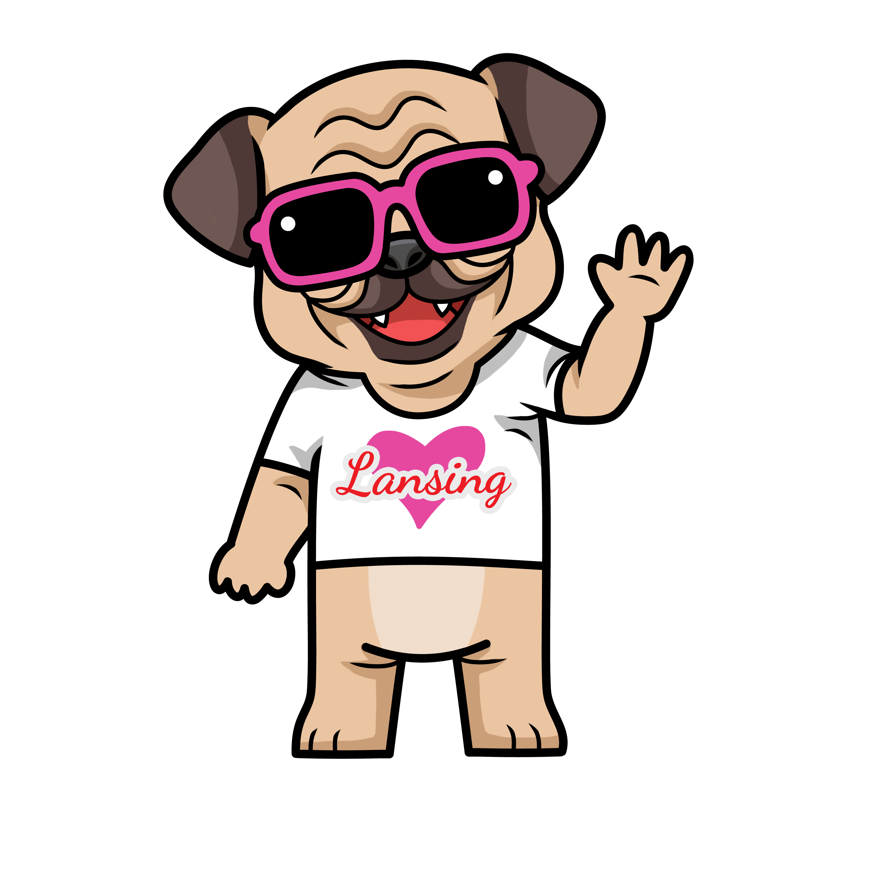 Daisy the pug waving in pink sunglasses